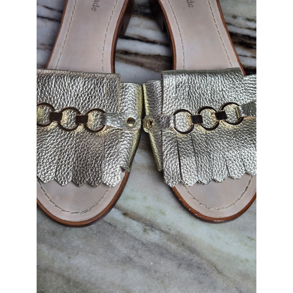 Kate Spade New York Gold Metallic Leather Kiltie Fringe Chain Slide Sandals 9.5M - Picture 10 of 10